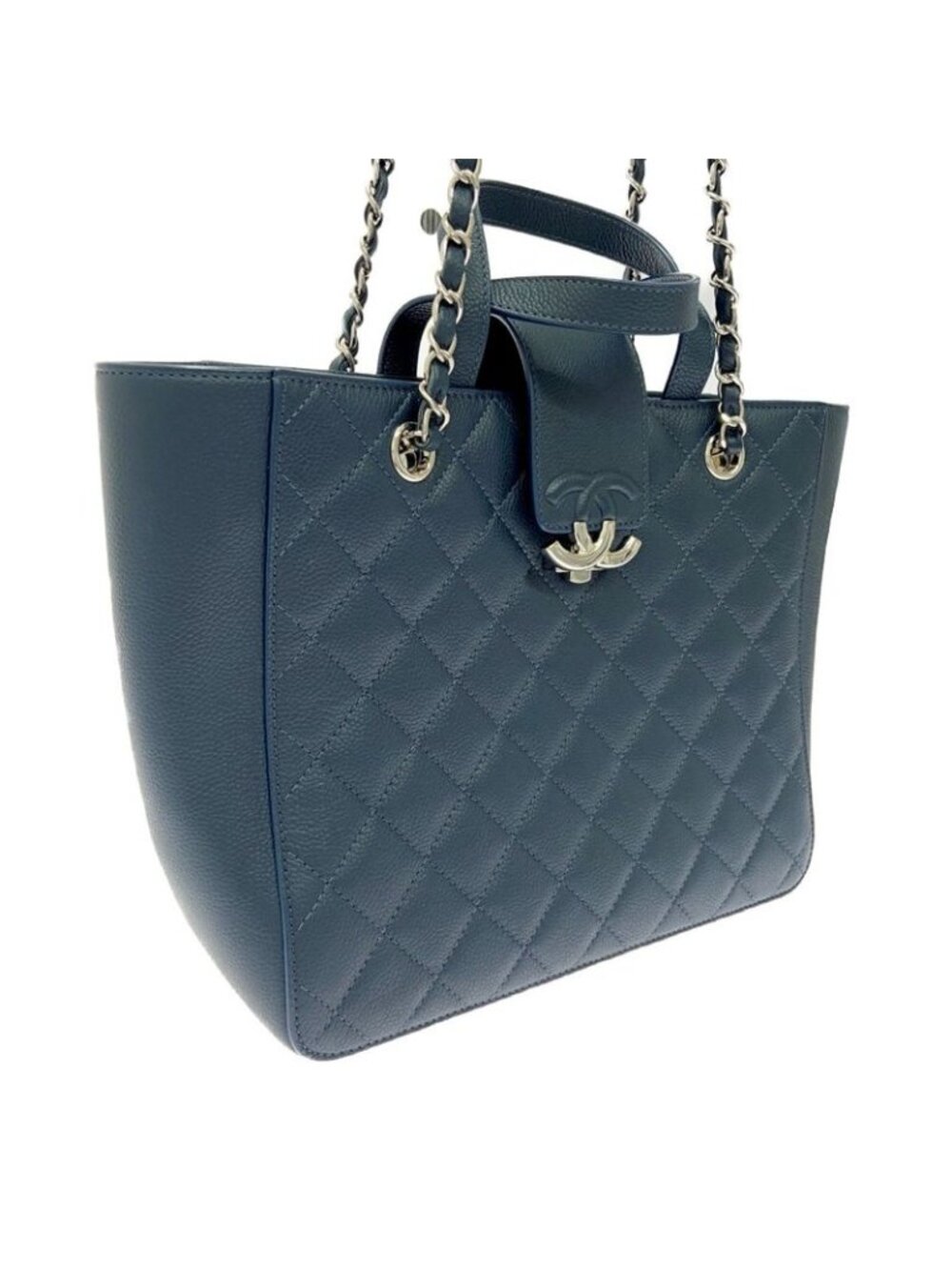 Chanel Quilted Caviar Leather Small Shopping Bag Navy Shoulder - Picture 4 of 11
